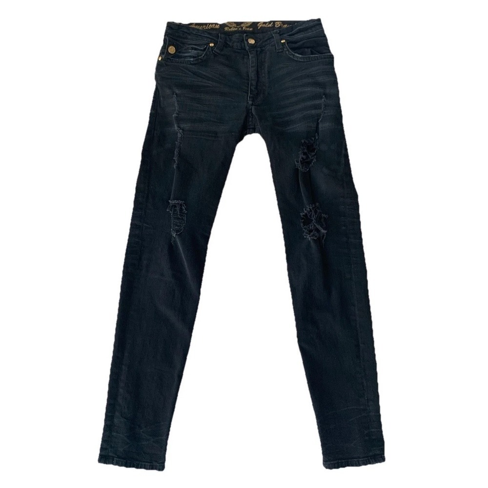 KILLER FLAP MENS SKINNY JEANS IN PURE BLACK WITH GOLD ROBIN'S LOGO Size 28
